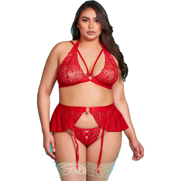 Red all over galloon lace bra set