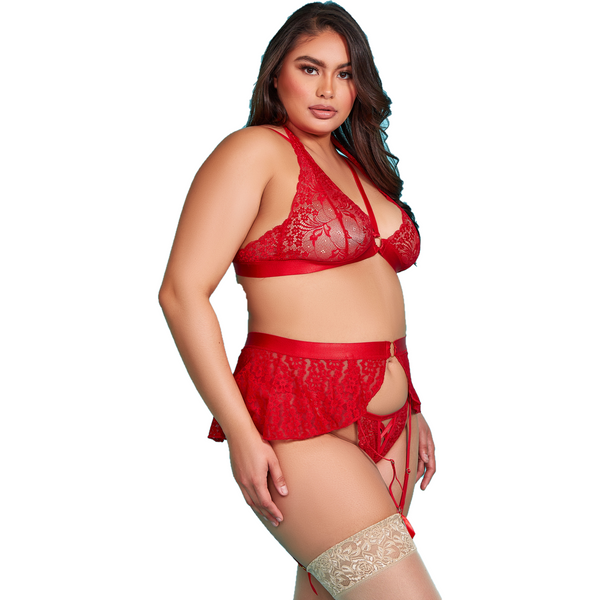 Red all over galloon lace bra set